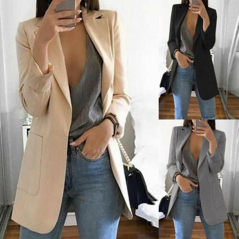 Hot Womens Long Sleeve Vintage OL Slim Fit Formal Long Blazer Spring Autumn Elegant Pocket Solid Suit Jacket Coat Casual Outwear
