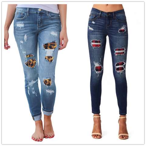 women's ripped leopard print jeans stretch Skinny denim pencil pants Street casual hipster jeans S-2XL