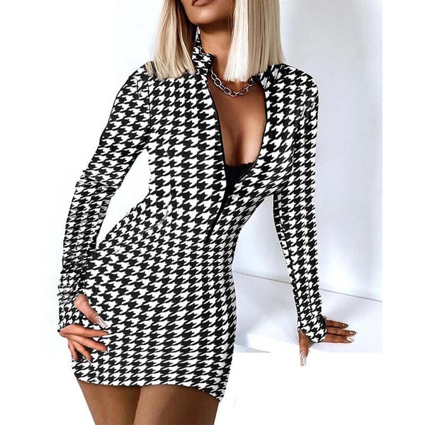 Houndstooth Bodycon Dress Woman Long Sleeve Party Autumn Winter Dress 2022 Sheath Sexy Club V-Neck Female Dresses for Women 2022