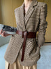 Houndstooth Classic Blazers Woman Autumn Winter Notched Collar Belt Pockets Coat Casual Vintage Elegant Blazers Outerwear 2023