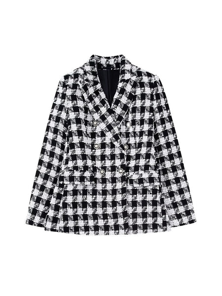 Houndstooth Plaid Blazer Women's Fall 2023 Chic Vintage Lapel Long Sleeve Double Breasted Pocket Loose Top