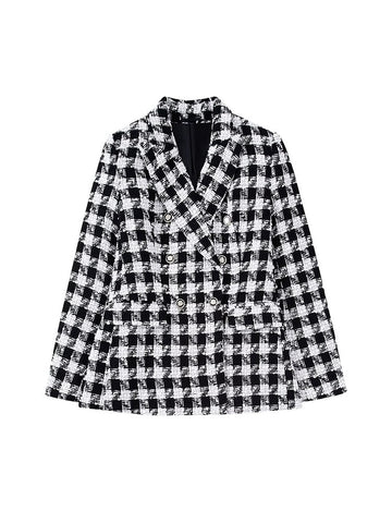 Houndstooth Plaid Blazer Women's Fall 2023 Chic Vintage Lapel Long Sleeve Double Breasted Pocket Loose Top