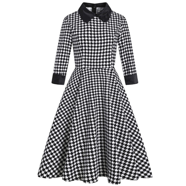 Houndstooth Swing Women's Dress Office OL Retro Vintage Hepburn Robe Winter Peter Pan Collar Retro Tunic Midi Party Dresses 50s