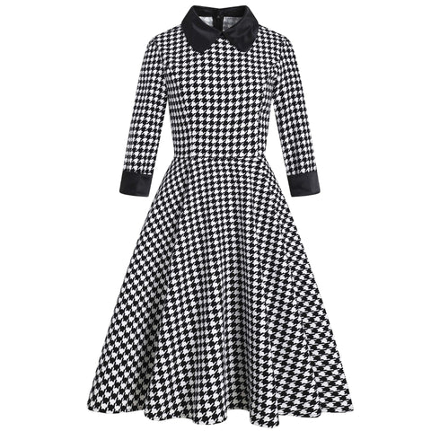 Houndstooth Swing Women's Dress Office OL Retro Vintage Hepburn Robe Winter Peter Pan Collar Retro Tunic Midi Party Dresses 50s