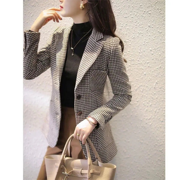 Houndstooth Woolen Suit Jacket Women's Mid-Long Slim Temperament Suit Jackets Female Biazer Femme Elegant Mujer Blousers 790
