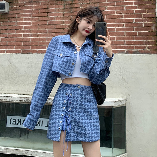 Houndstooth sweet and spicy fried street suit autumn Korean version 2022 design loose short long-sleeved jacket women