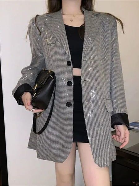 Hstar Sequin Fried Street Small Suit Women's Spring Autumn Korean Loose Design Blazer 2023 Drape Jacket Office Lady