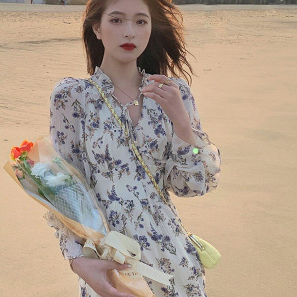 Hu Chuliang 2022 summer Floral Chiffon gentle fairy Beach Resort dress