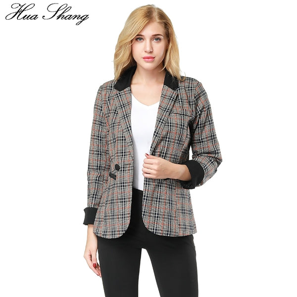 Hua Shang Women Plaid Blazers And Jackets Suit Ladies Pacthwork Collar Work Wear Office Blazer Plus Size Female Outerwear Coat