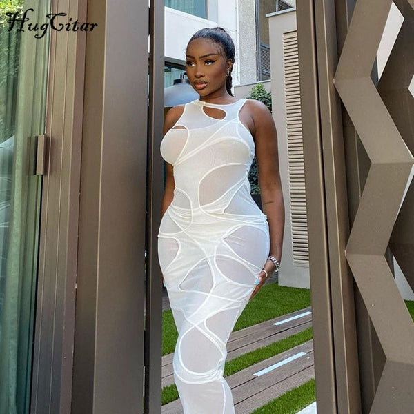 Hugcitar 2023 Sleeveless O-Neck Solid Patchwork Mesh Maxi Dress Autumn Winter Women Sexy Party Club Elegant Clthings
