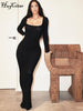 Hugcitar Ribbed Solid Long Sleeve Square Neck Maxi Dress 2023 Fall Sexy Evening Party Elegant Vestido Kleider Mit Robe