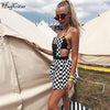 patchwork black and white plaid backless sexy high waist shoulder straps dresses 2022 summer women fashion dress