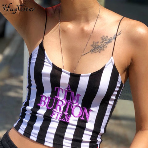 spaghetti straps stripe letters Embroidery slash neck sexy crop tops 2022 summer women fashion casual camis