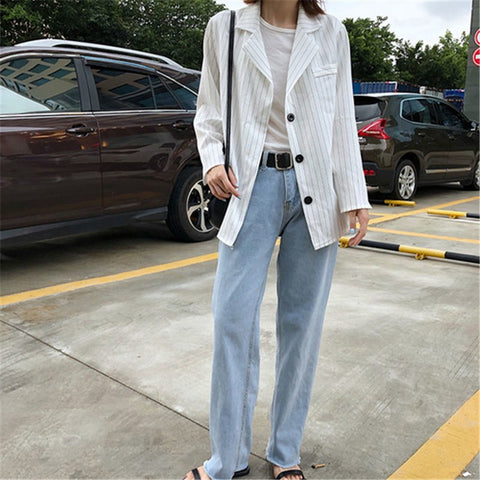 2022 Women Blazers Single Breasted Summer Autumn Long Sleeve Striped Uniform Style Work Wear White Office Outwear Blazer