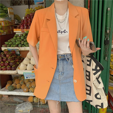 HziriP 2022 Orange Solid Short Sleeve Blazer Jackets Thin Femme Casual Elegant Vintage OL Outwear All Match Coats Retro Tops