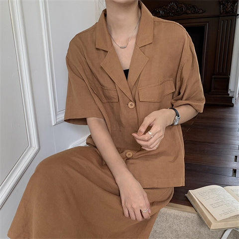 HziriP 2022 Stylish Cotton Linen Retro Women Summer Chic Elegant Blazers+ High Waist Loose Casual Skirts Suits 2 Piece Sets