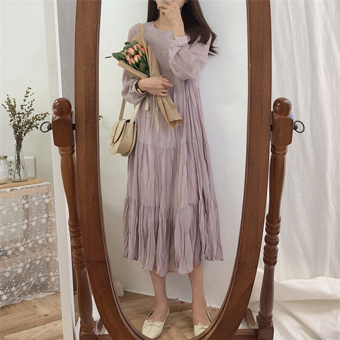 HziriP 2022 Women Maxi Dress Autumn Vintage Chiffon Draped Elegant Sweet Gentle Sashes A-Line Princesses Long Brief Soft