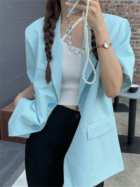 HziriP Blue Plaid Summer Blazers S-M Stylish Short Sleeves Elegant Sweet 2023 Lady OL Casual Comfortable Chic Work Wear