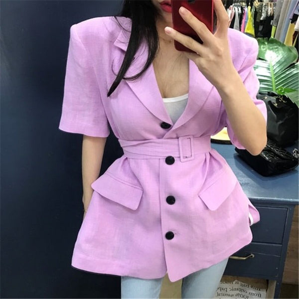 HziriP Chic Office Lady 2022 Gentle Casual Short Sleeves Solid Woolen Leisure Women Loose All Match Brief Sashes Belt Blazers