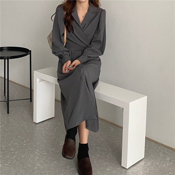 HziriP Notched Single Breasted Women Suit Dress Minimalist Autumn Dress Elegant OL Long Sleeve Solid Long Dresses Vestidos