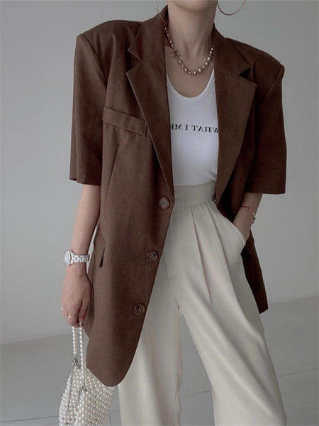 HziriP Summer Plaid Women Coats Stylish Oversize Office Lady Work Wear Slim High Street Short Sleeve Casual Jackets