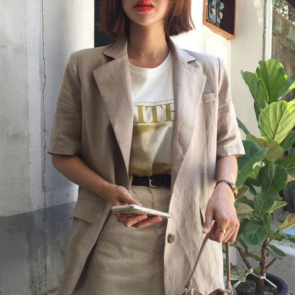 Women Blazers Jackets Summer Half Sleeve Solid Single Breasted Fashion Uniform Notched  Work Wear Office Outwear Blazer