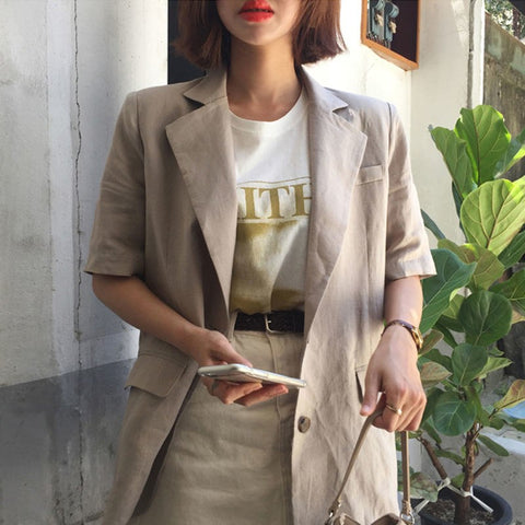 Women Blazers Jackets Summer Half Sleeve Solid Single Breasted Fashion Uniform Notched  Work Wear Office Outwear Blazer