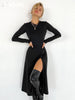 IAMSURE Elegant Solid Split A-Line Dress Sexy Slim O-Neck Long Sleeve Midi Dresses For Women 2023 Spring Autumn Ladies