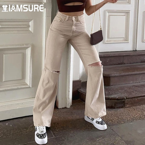 IAMSURE Loose Solid Ripped Jeans Casual Streetwear High Waisted Trousers Women Denim Wide Leg Pants 2022 Elegant Ladies