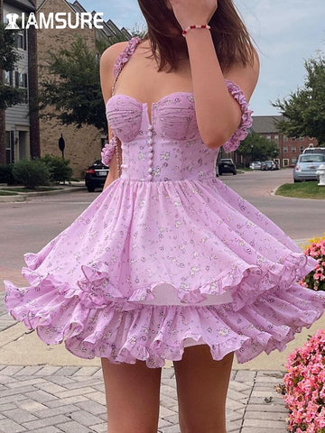 IAMSURE Vintage Sweet Floral Printed A-Line Dress Slim Slash Neck Mini Dresses For Women 2023 Summer Spring French Style Camis