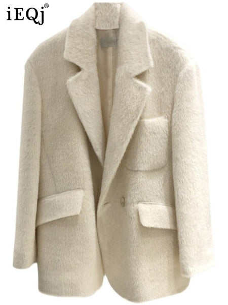 IEQJ Women's Blazer Tailoring 2023 Autumn Long Sleeve Notched Solid Colour Loose Pockets Woolen Suit Jacket 3W6450