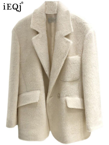 IEQJ Women's Blazer Tailoring 2023 Autumn Long Sleeve Notched Solid Colour Loose Pockets Woolen Suit Jacket 3W6450