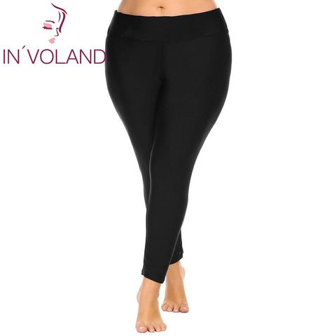 IN'VOLAND Large Size Women Leggings XL-4XL Fold Over Waist Solid Large Ladies Stretch Fitness Elastic Trousers Pant Plus Size