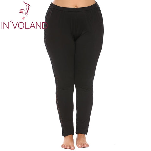 IN'VOLAND Plus Size XL-5XL Women Legging Pant High Waist Sexy Lace Patchwork Hollow Out Stretch Large Legging Trousers Big Size