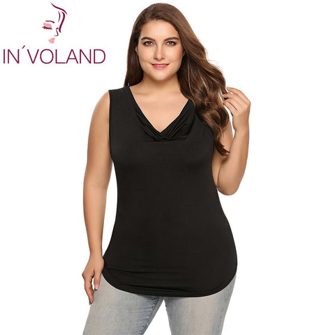 IN'VOLAND Women T-Shirts Tops Summer Plus Size Fashion Draped Neck Sleeveless Solid Ladies Tank Tshirt Female Tees Oversized 5XL