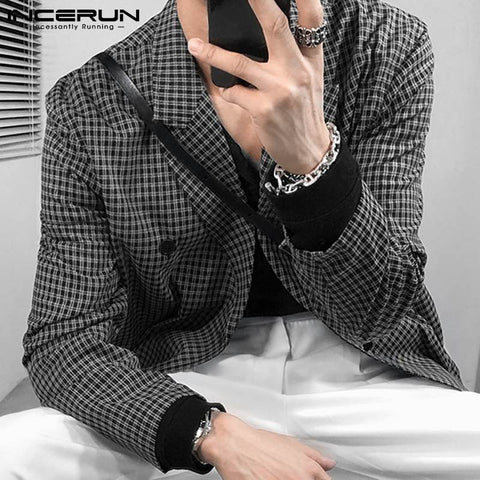 INCERUN Casual Men's Check All-match Suits Loose Buttons Gray&Black Party Nightclub Check Double-breasted Blazer S-5XL Tops 2022