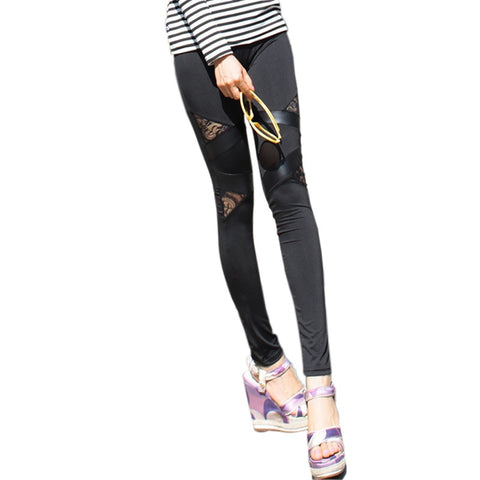 Black Fasbys Legings Fashion Women Sexy Hollow Lace Leather Stitching Legging for Women Leggins Trousers K078