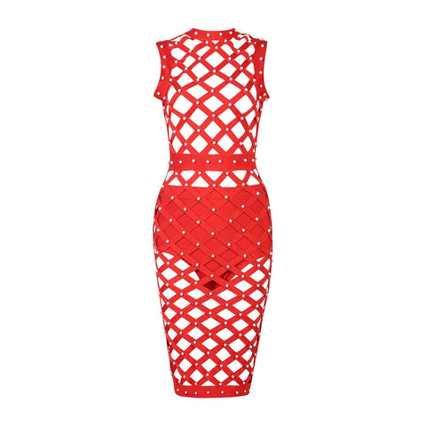 New Arrival Sexy Hollow Out O Neck Midi Beading Fashion Summer Women Lady Bandage Dress Femme Vestidos