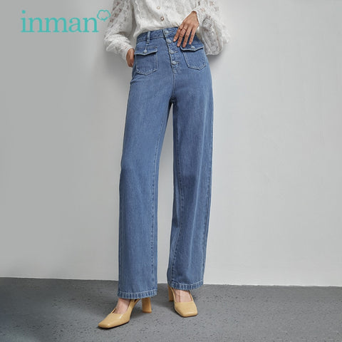 INMAN Autumn Women's Jeans High Waist Buttons Big Pockets Design Casual Straight Denim Trousers