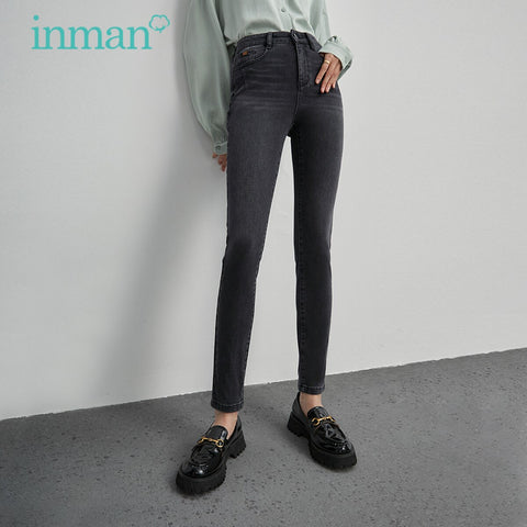 INMAN Autumn Women's Jeans Vintage Minimalist Style High Waist Design Slim Retro All-Match Denim Black Pencil Pants