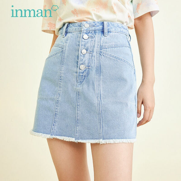 INMAN Short Jeans Skirt Women Causal Style Minimalism  Brushed Design Solid Color  Metal Button Mini Bottom