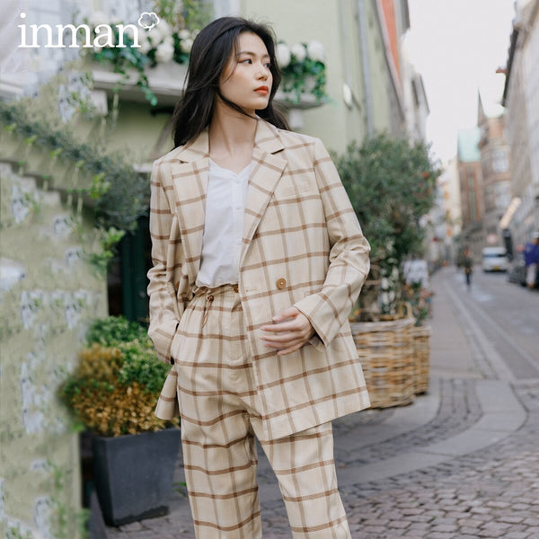 INMAN Spring Autumn Elegnat Casual Retro Style Plaid Pattern Double Breast Button Long Sleeve Blazer