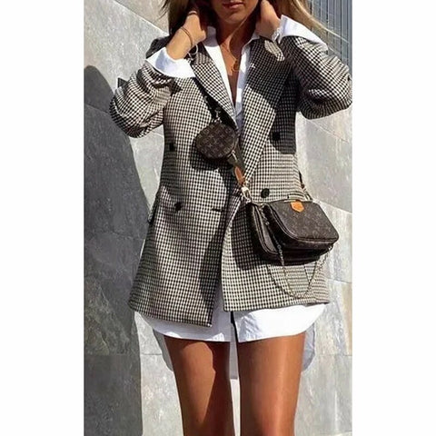 INS Vintage Plaid Blazer Suit Women Autumn Winter Contrast Colors Coats Casual Commute Office Blazer 2023 Streetwear