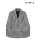 INSRPLS Women Double Breasted Houndstooth Blazer Coat Vintage Long Sleeve Flap Pockets Female Outerwear Chic Vestes