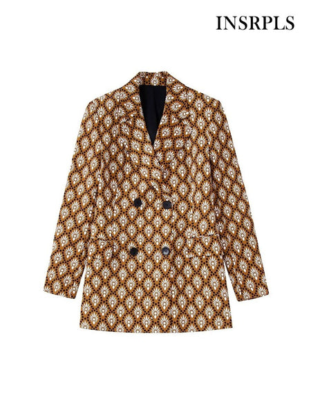 INSRPLS Women Double Breasted Printed Blazer Coat Vintage Long Sleeve Flap Pockets Female Outerwear Chic Veste Femme