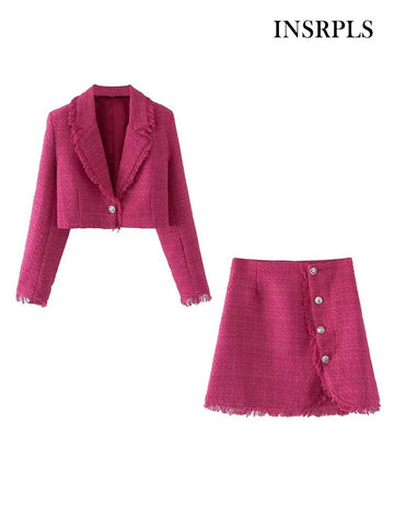 INSRPLS Women With Frayed Tassel Tweed Cropped Blazer Coat And High Waist Mini Skirt Female Two Piece Sets Mujer