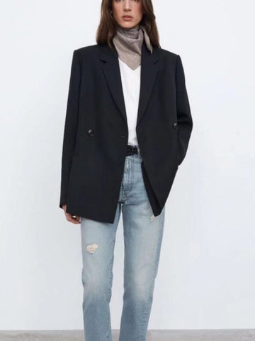 IOO 2023 Classic Blazer Double-Breasted Casual Commuter Silhouette Suit Mid-Length Beige Black Top  Toteme