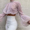 ITFABS Brand Puff Sleeve Crop Top Women See-through Sheer Mesh Tank Top Dot Print Turtle Neck Shirt Blouse Female Tops