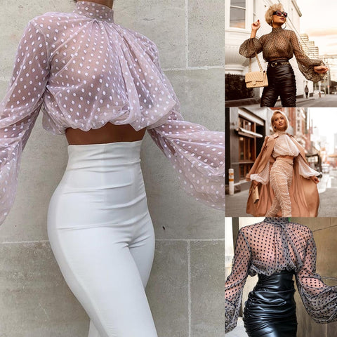 ITFABS Brand Puff Sleeve Crop Top Women See-through Sheer Mesh Tank Top Dot Print Turtle Neck Shirt Blouse Female Tops