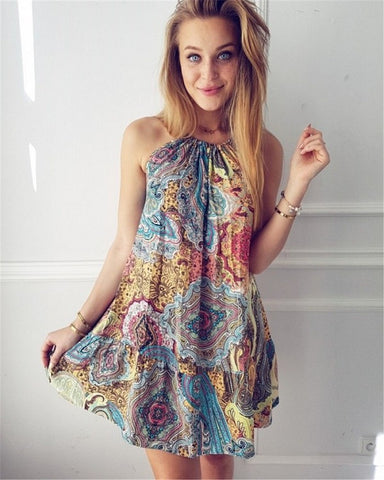 Summer Hippie Boho Beach Dress Women Sexy Sleeveless Dress Halter Spaghetti Strap Vintage Dress Print Mini Dress Vestidos